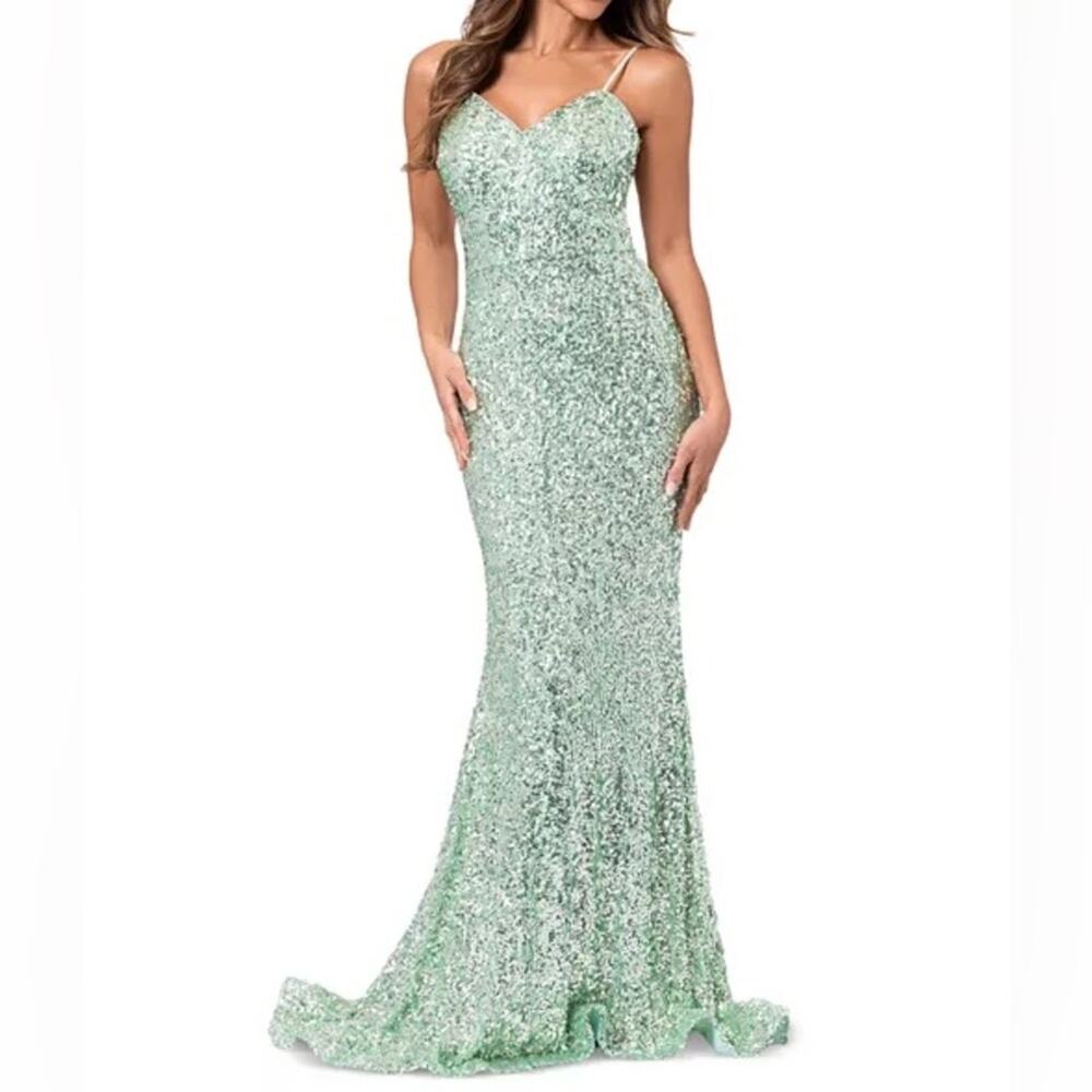 AQUA Formal Women’s Sequin Tie Back Floor Sweeping Gown Green Sz 10